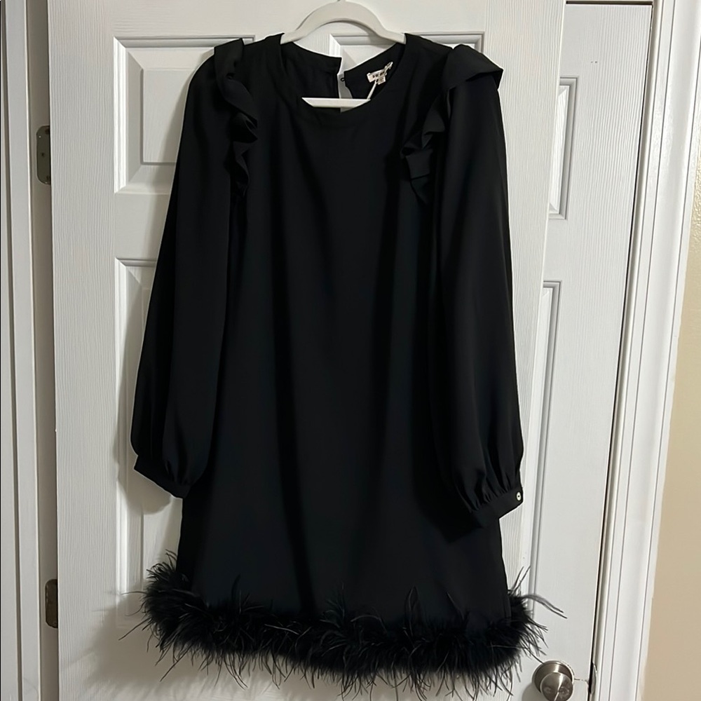 JODIFL Black Long Sleeve Ruffle Feather Hem Dress